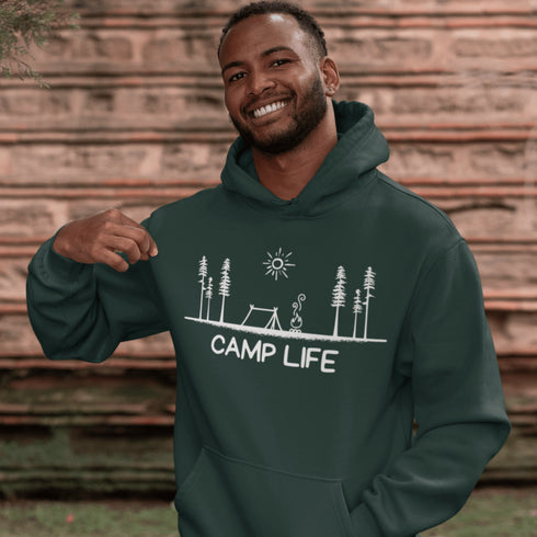 This hoodie Features a laid-back campsite logo, it’s made for folks who think burnt marshmallows are gourmet, tents are luxury suites, and every log is a potential chair.